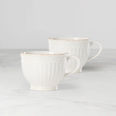 French Perle Groove White Latte Mugs, Set of 2
