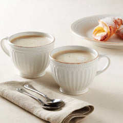 French Perle Groove White Latte Mugs, Set of 2