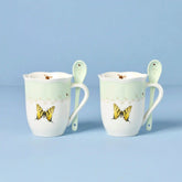 Butterfly Meadow Green Mugs with Spoons, Set of 2