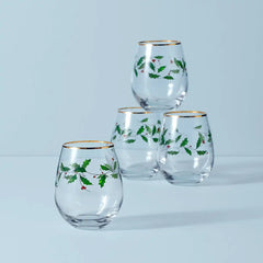 Holiday Stemless Wine Glasses, Set of 4
