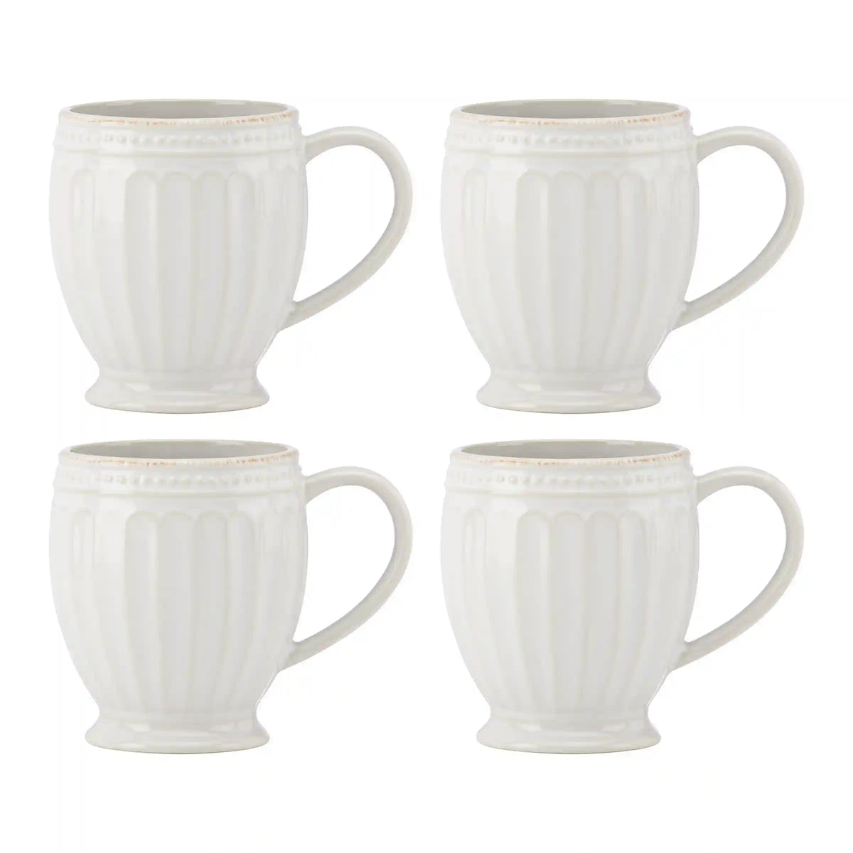 French Perle Groove White Mugs, Set of 4