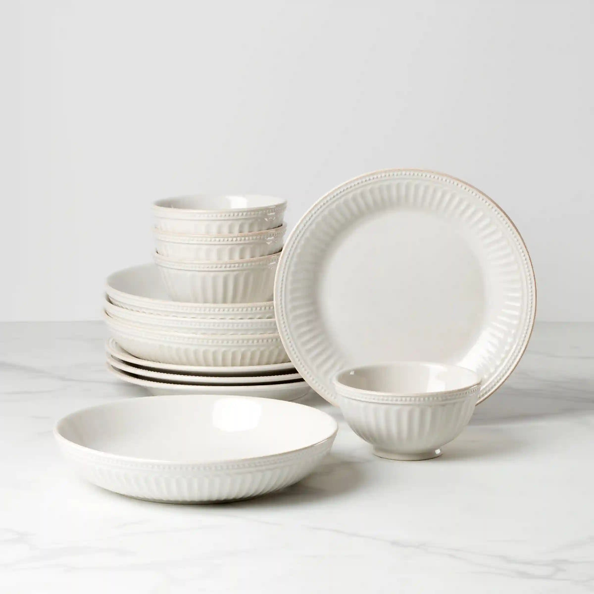 French Perle Groove White 12-Piece Dinnerware Set