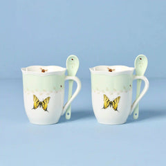 Butterfly Meadow Green Mugs with Spoons, Set of 2