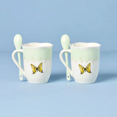 Butterfly Meadow Green Mugs with Spoons, Set of 2